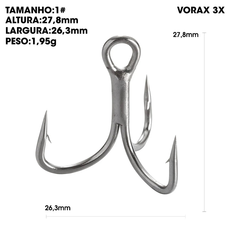 Anzuelos triples Vorax 3X Short Shank reforzados, acero carbono, 50/100 piezas