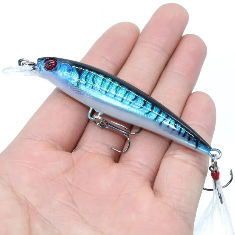 Set de 5 o 10 señuelos duros tipo minnow FFLYBG 9cm/8g, hundimiento, ojos 3D y gancho con pluma