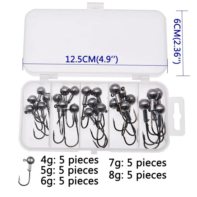 Anzuelos Jig Head JYJ 1g–3.5g con cabeza redonda y colores variados en caja