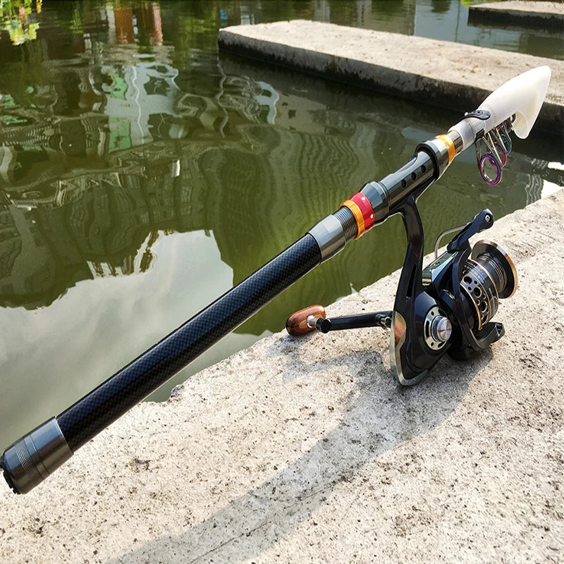 Combo caña telescópica + carrete metálico 1.8-3.6m, fibra de carbono, 13BB, para carpa/lucio