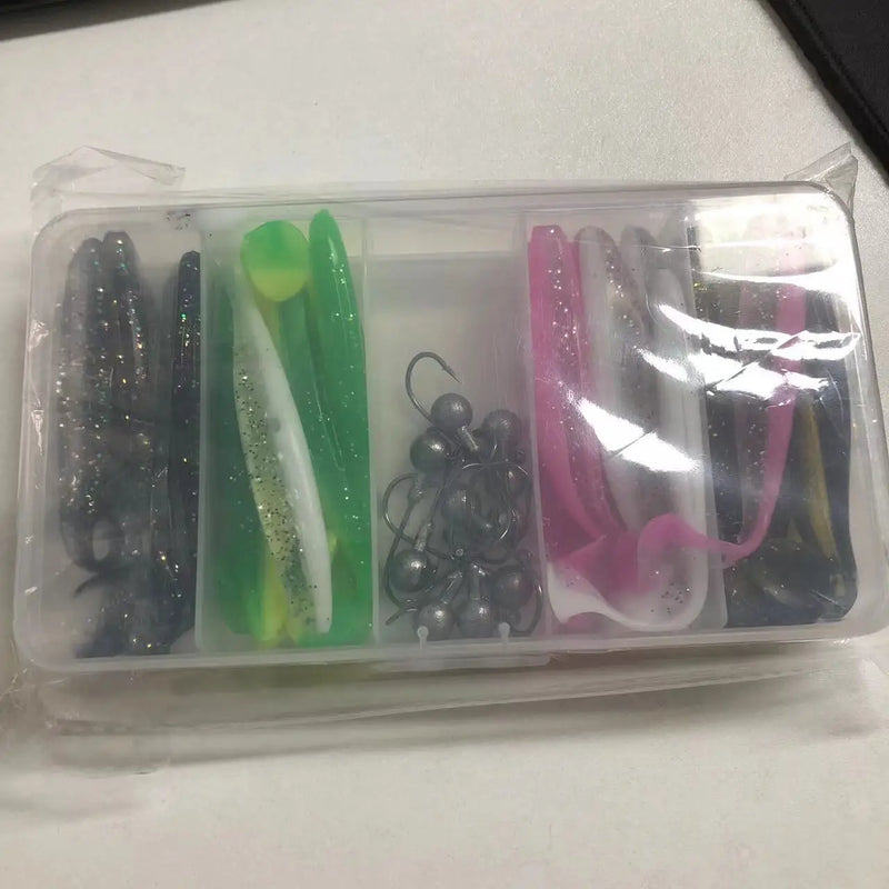 Kit de 25 señuelos blandos de silicona con anzuelos y jig, diseño tipo gusano para pesca en río, lago y mar