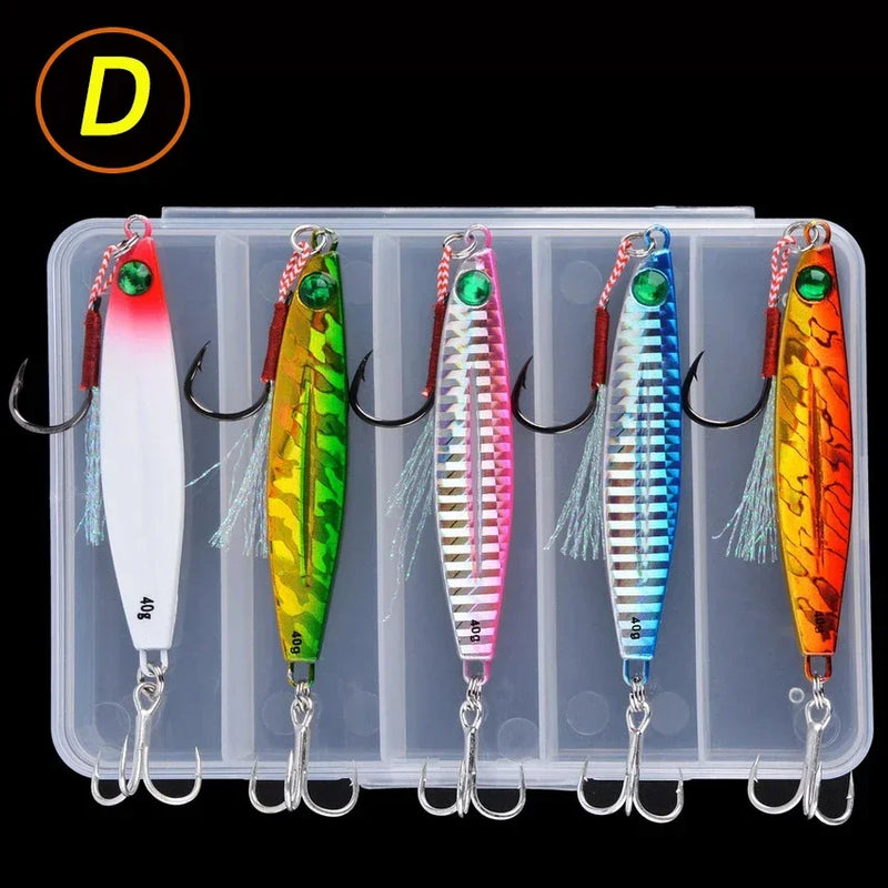 Set de 5 señuelos metálicos tipo jig para pesca en agua salada, 7g a 40g