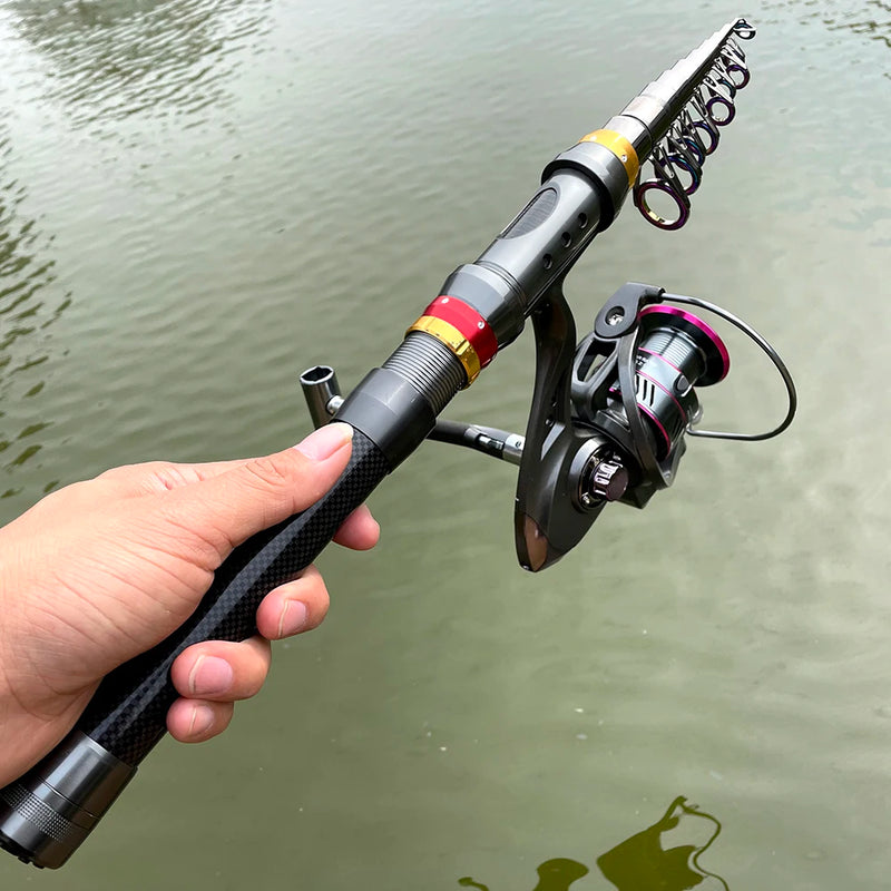 Kit telescópico 1.8-3.6m con carrete, caña de pesca de carbono y aleación, combo portátil