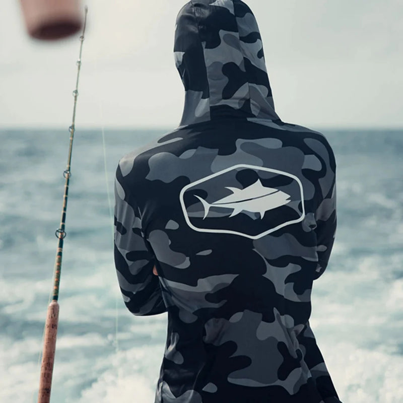 Camiseta de Pesca UV Manga Larga con Capucha Antimicrobiana 50+ UPF