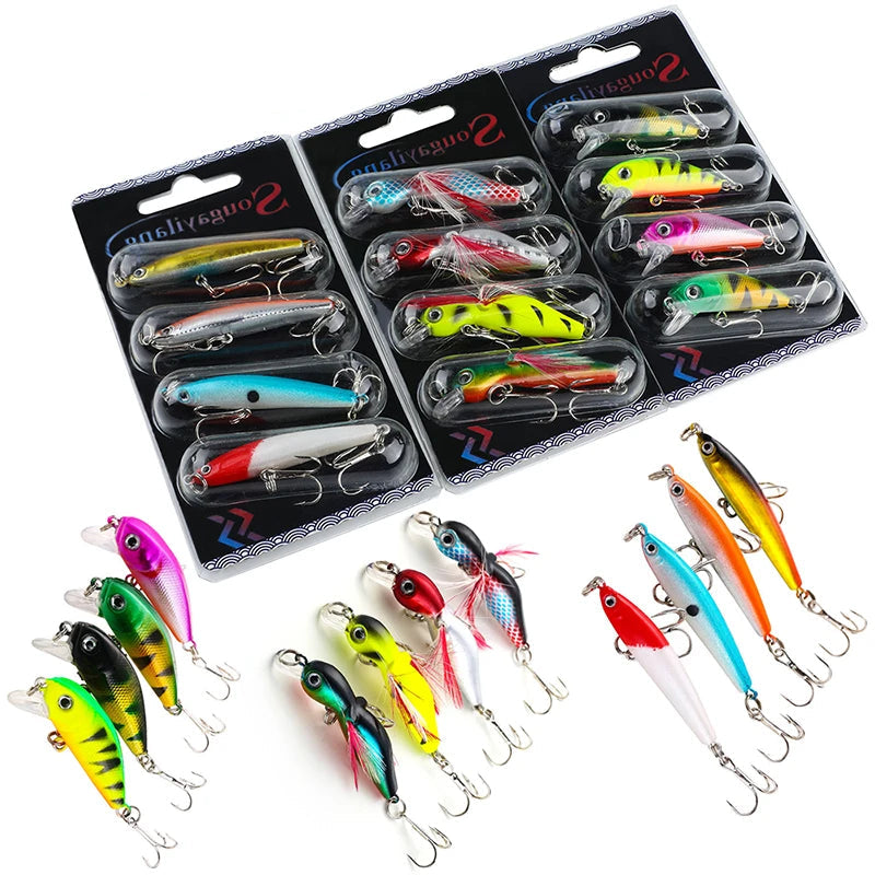 Set de 4 señuelos duros Sougayilang tipo wobbler con ganchos anticorrosión para pesca de carpa y mar