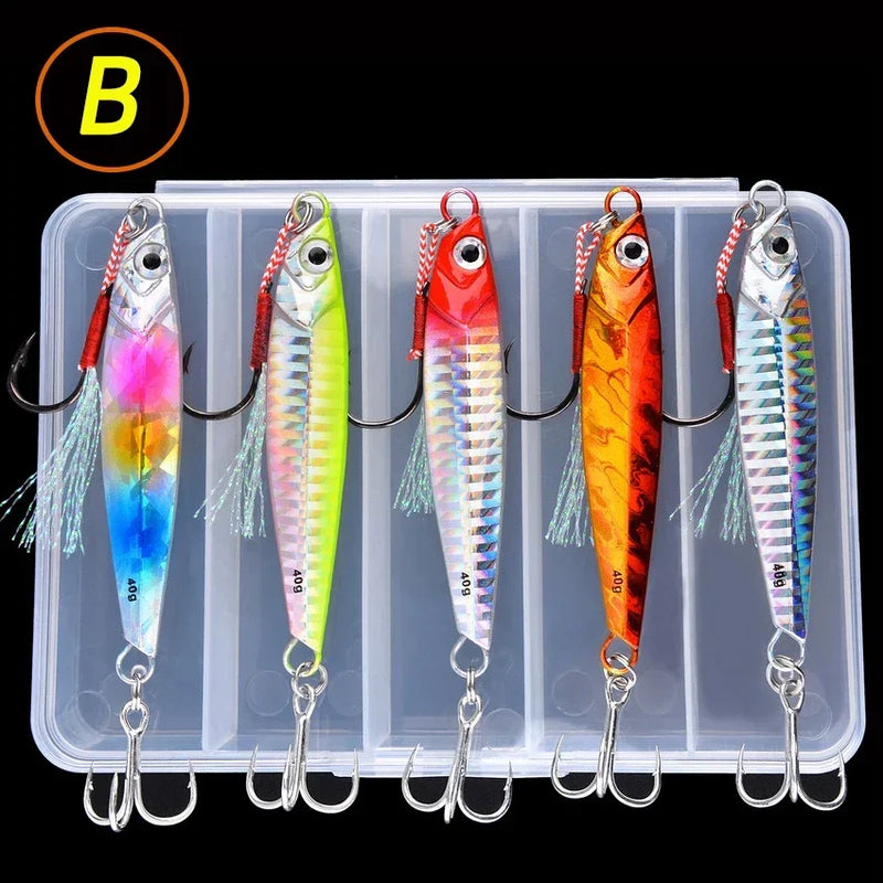 Set de 5 señuelos metálicos tipo jig para pesca en agua salada, 7g a 40g