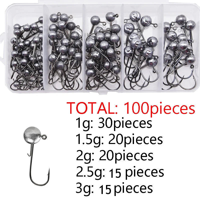 Set MrLurion 100 anzuelos Jig Head 1g–3g, cabeza redonda, acero carbono
