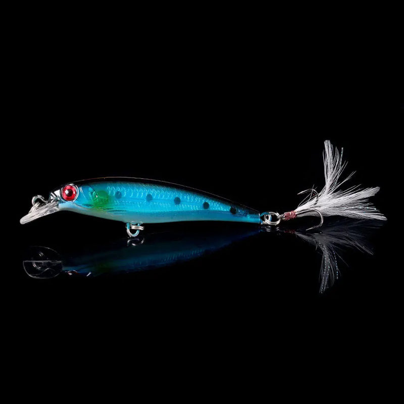 Set de 5 o 10 señuelos duros tipo minnow FFLYBG 9cm/8g, hundimiento, ojos 3D y gancho con pluma
