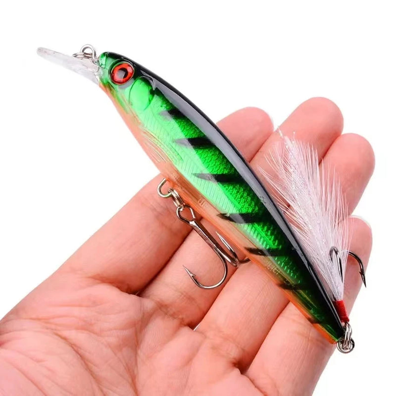 Set de 5 señuelos duros Minnow Aorace con ojos 3D y anzuelos con plumas, 13.3g
