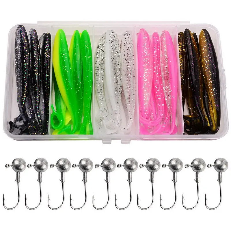 Kit de 25 señuelos blandos de silicona con anzuelos y jig, diseño tipo gusano para pesca en río, lago y mar