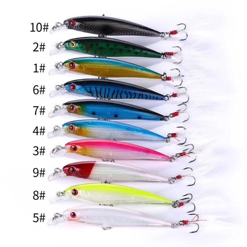 Set de 5 o 10 señuelos duros tipo minnow FFLYBG 9cm/8g, hundimiento, ojos 3D y gancho con pluma