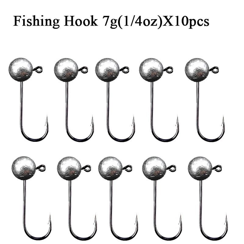 Jig Head ganchos de pesca 10 piezas, 1g a 10g, acero carbono, cabeza redonda