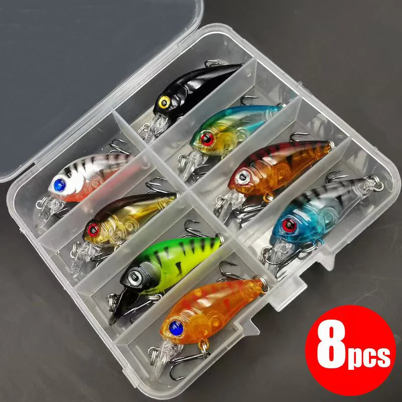 Set de 8 señuelos flotantes tipo minnow para pesca topwater en mar, con caja o bolsa