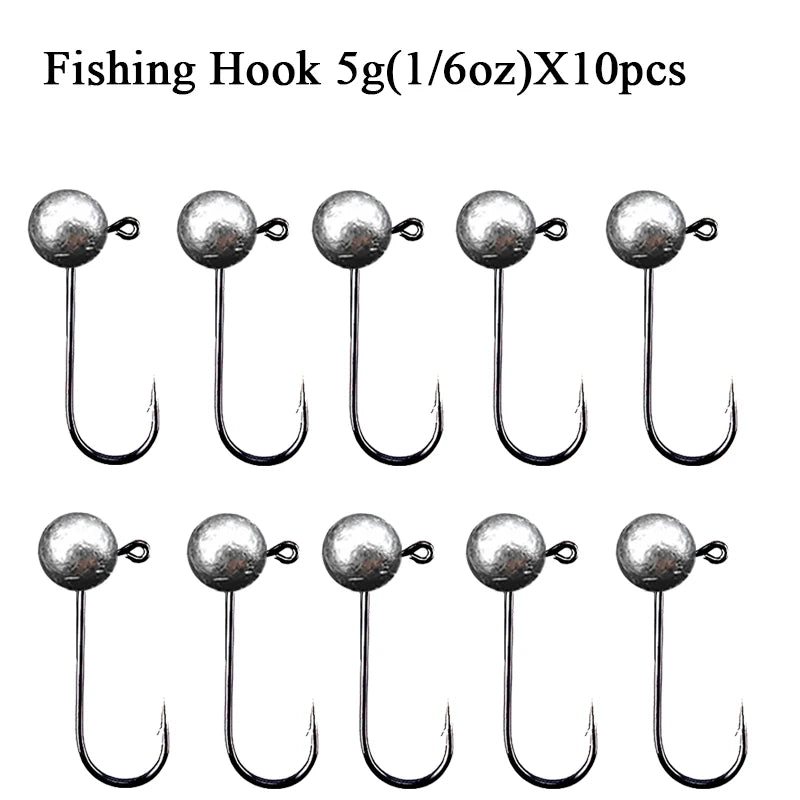 Jig Head ganchos de pesca 10 piezas, 1g a 10g, acero carbono, cabeza redonda