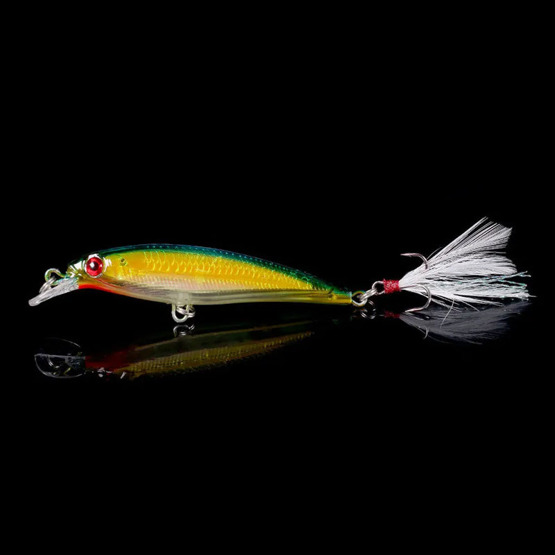 Set de 5 o 10 señuelos duros tipo minnow FFLYBG 9cm/8g, hundimiento, ojos 3D y gancho con pluma