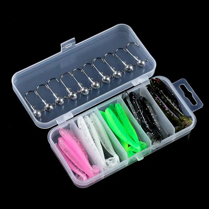 Caja con 25 señuelos blandos tipo T-tail y anzuelo plomado para pesca en río y mar
