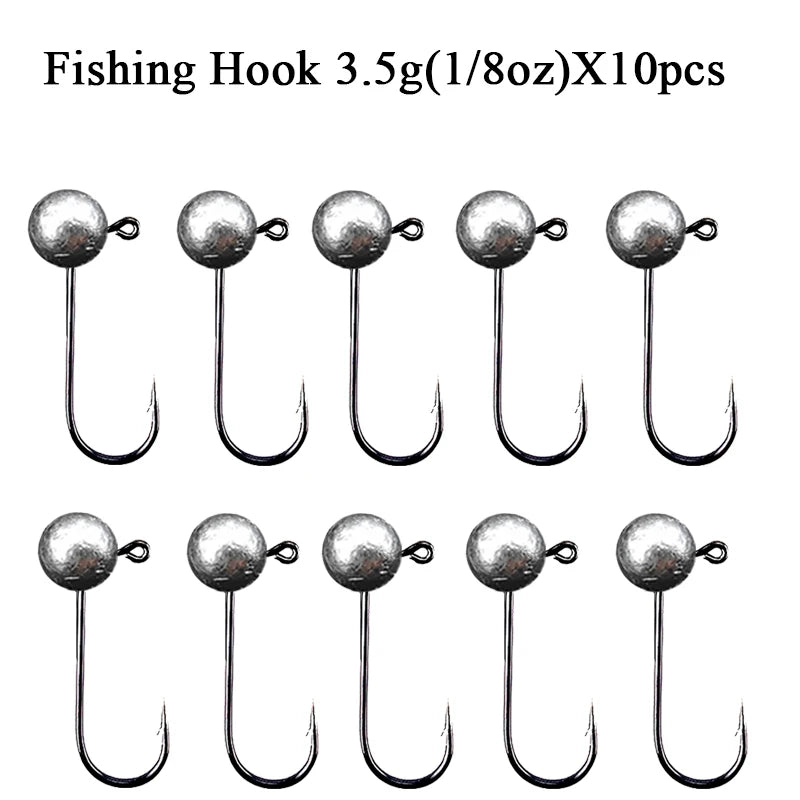 Jig Head ganchos de pesca 10 piezas, 1g a 10g, acero carbono, cabeza redonda