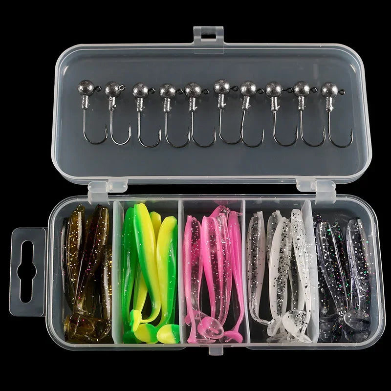 Caja con 25 señuelos blandos tipo T-tail y anzuelo plomado para pesca en río y mar