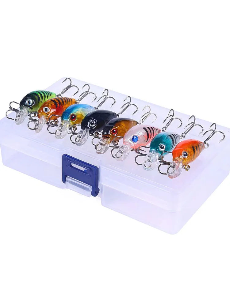 Set de 8 señuelos flotantes tipo minnow para pesca topwater en mar, con caja o bolsa