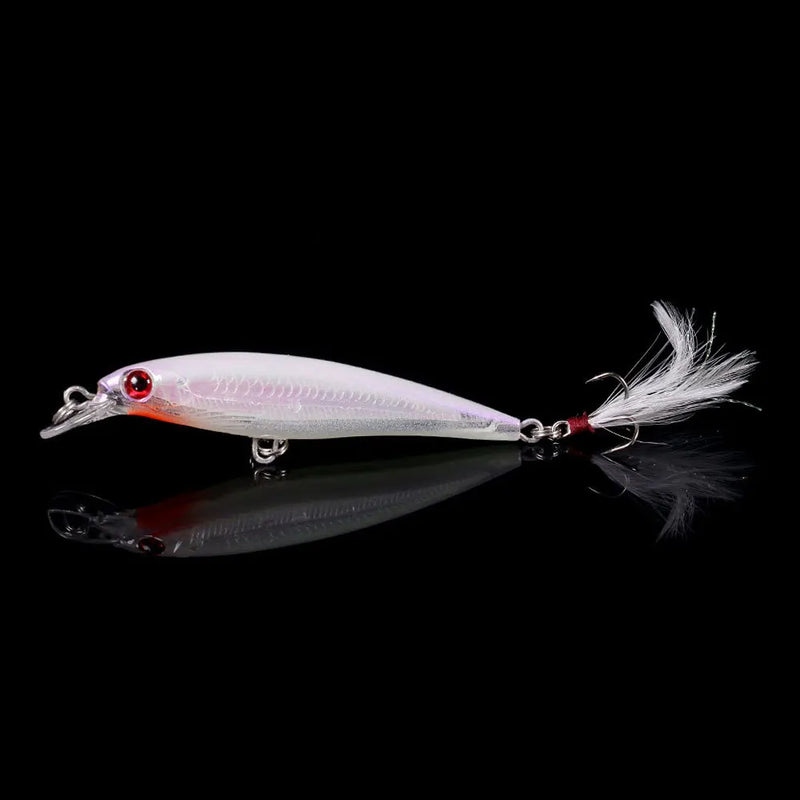 Set de 5 o 10 señuelos duros tipo minnow FFLYBG 9cm/8g, hundimiento, ojos 3D y gancho con pluma