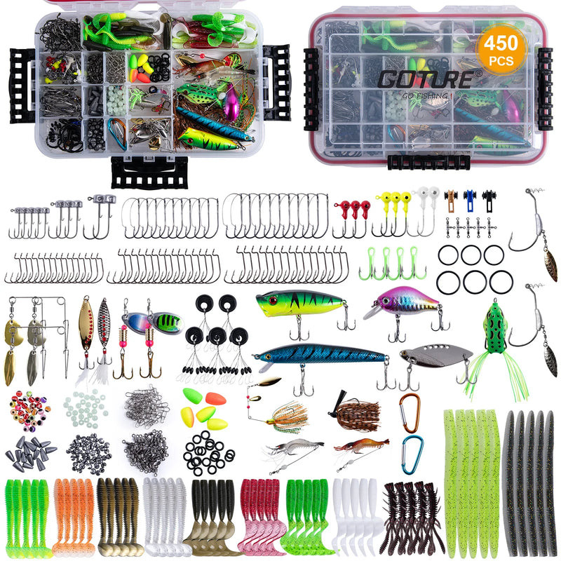 Kit Goture 450 piezas con anzuelos, señuelos blandos y duros, caja completa