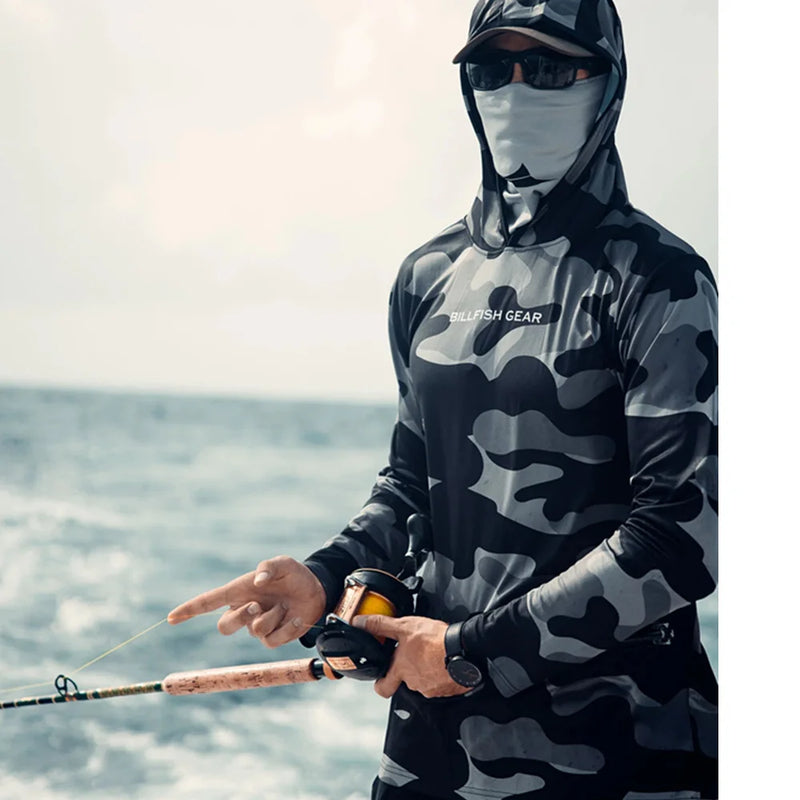 Camiseta de Pesca UV Manga Larga con Capucha Antimicrobiana 50+ UPF