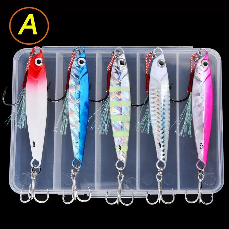 Set de 5 señuelos metálicos tipo jig para pesca en agua salada, 7g a 40g