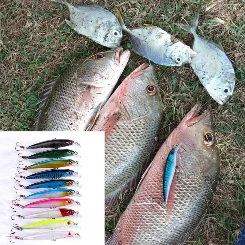 Set de 5 o 10 señuelos duros tipo minnow FFLYBG 9cm/8g, hundimiento, ojos 3D y gancho con pluma