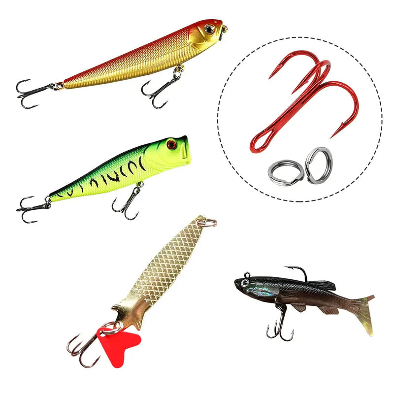 Kit de anzuelos triples 200 piezas, acero carbono, con anillas, para agua dulce y salada