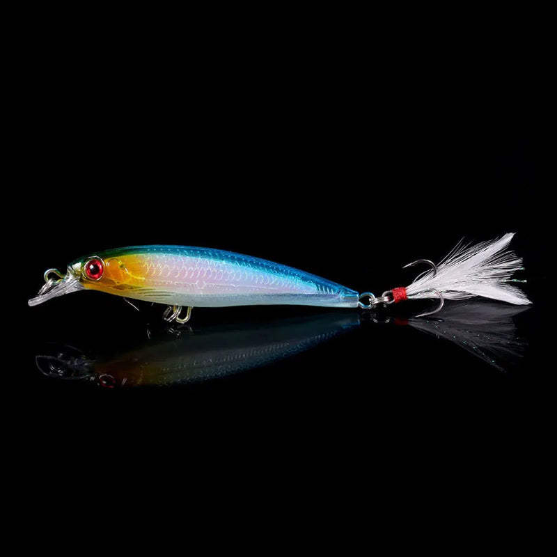Set de 5 o 10 señuelos duros tipo minnow FFLYBG 9cm/8g, hundimiento, ojos 3D y gancho con pluma