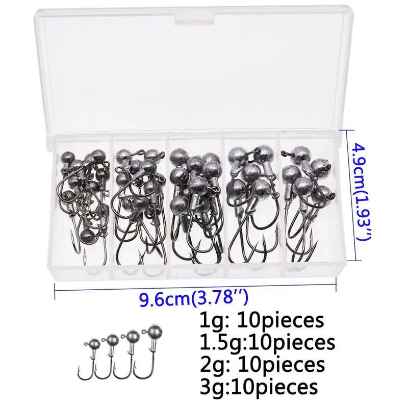 Anzuelos Jig Head JYJ 1g–3.5g con cabeza redonda y colores variados en caja