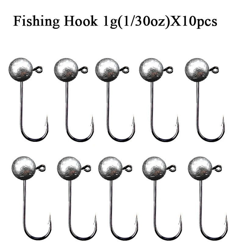Jig Head ganchos de pesca 10 piezas, 1g a 10g, acero carbono, cabeza redonda