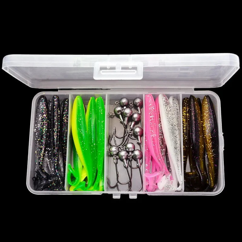 Kit de 25 señuelos blandos de silicona con anzuelos y jig, diseño tipo gusano para pesca en río, lago y mar