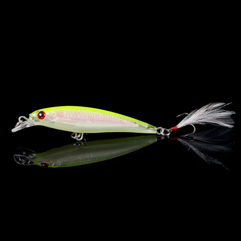 Set de 5 o 10 señuelos duros tipo minnow FFLYBG 9cm/8g, hundimiento, ojos 3D y gancho con pluma
