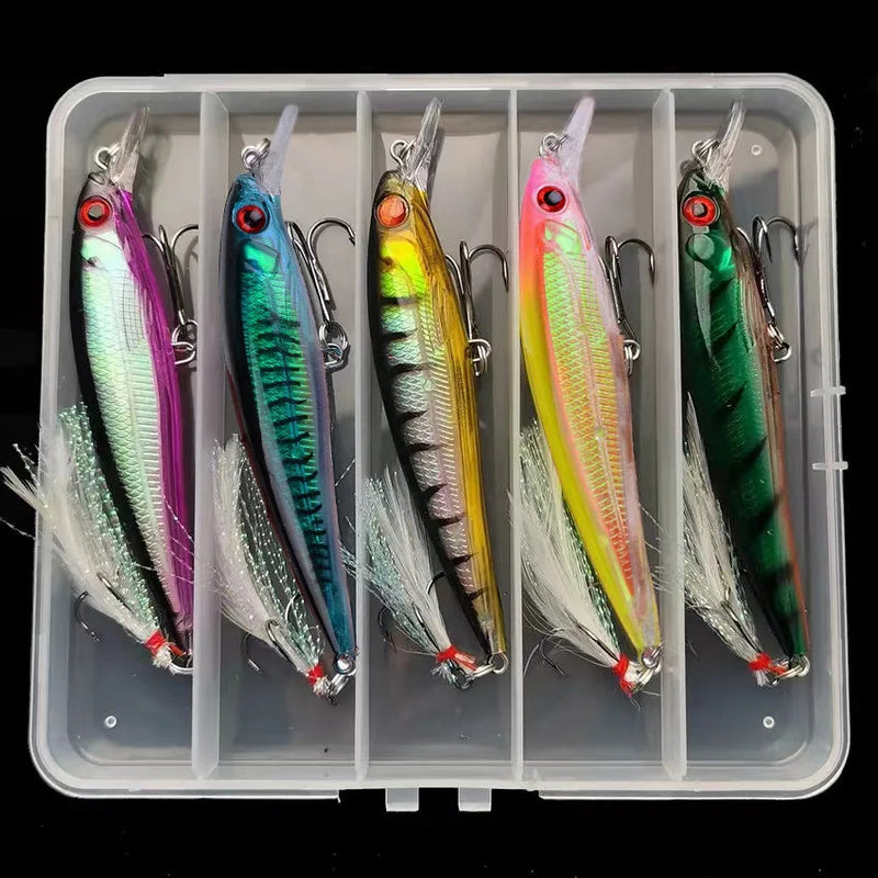 Set de 5 señuelos duros Minnow Aorace con ojos 3D y anzuelos con plumas, 13.3g