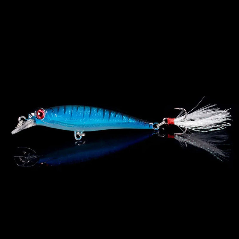Set de 5 o 10 señuelos duros tipo minnow FFLYBG 9cm/8g, hundimiento, ojos 3D y gancho con pluma