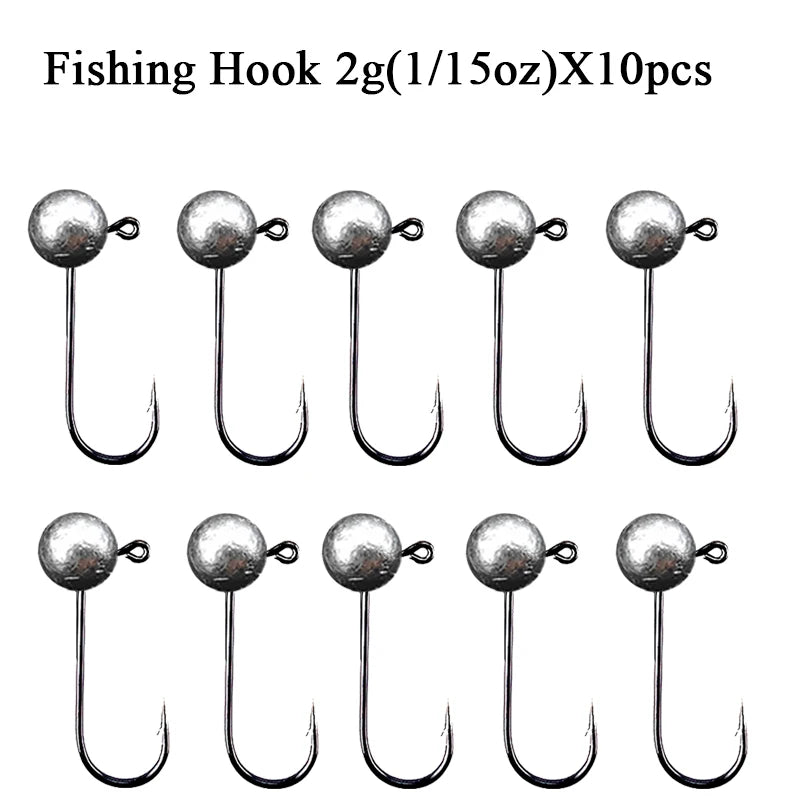 Jig Head ganchos de pesca 10 piezas, 1g a 10g, acero carbono, cabeza redonda