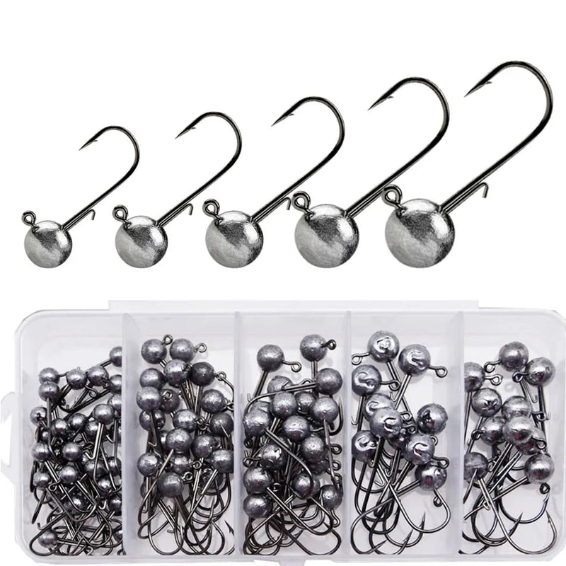 Set MrLurion 100 anzuelos Jig Head 1g–3g, cabeza redonda, acero carbono
