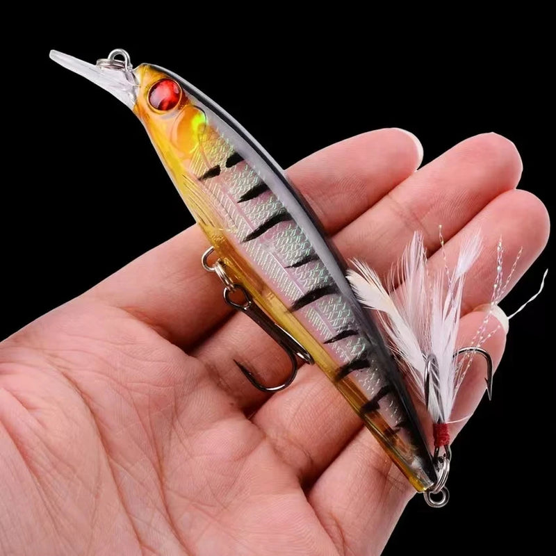 Set de 5 señuelos duros Minnow Aorace con ojos 3D y anzuelos con plumas, 13.3g