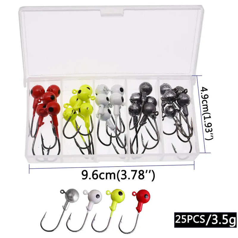 Anzuelos Jig Head JYJ 1g–3.5g con cabeza redonda y colores variados en caja