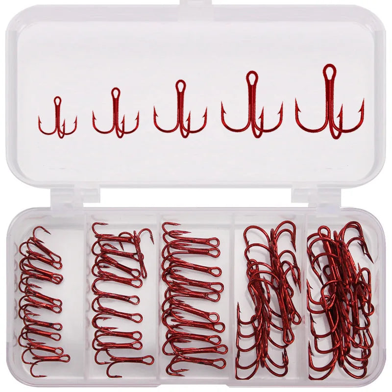 Kit PRO BEROS 50 anzuelos triples rojos de acero carbono, curva redonda