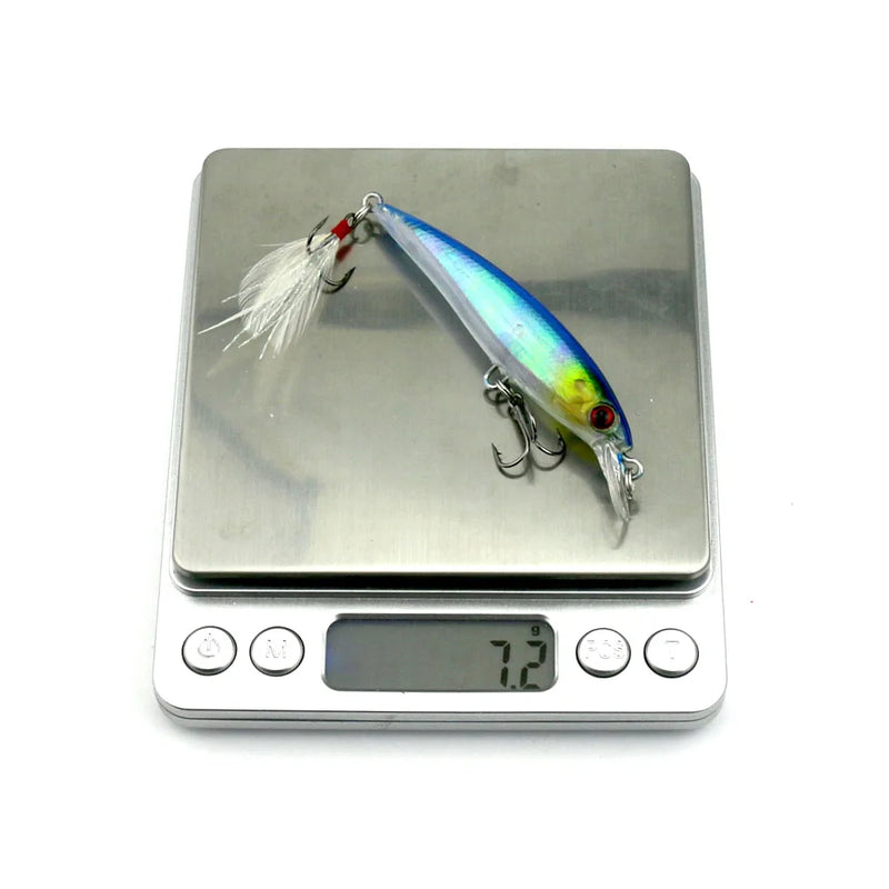 Set de 5 o 10 señuelos duros tipo minnow FFLYBG 9cm/8g, hundimiento, ojos 3D y gancho con pluma