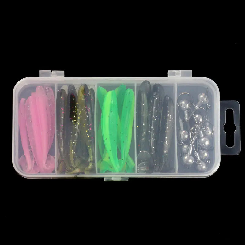 Caja con 25 señuelos blandos tipo T-tail y anzuelo plomado para pesca en río y mar