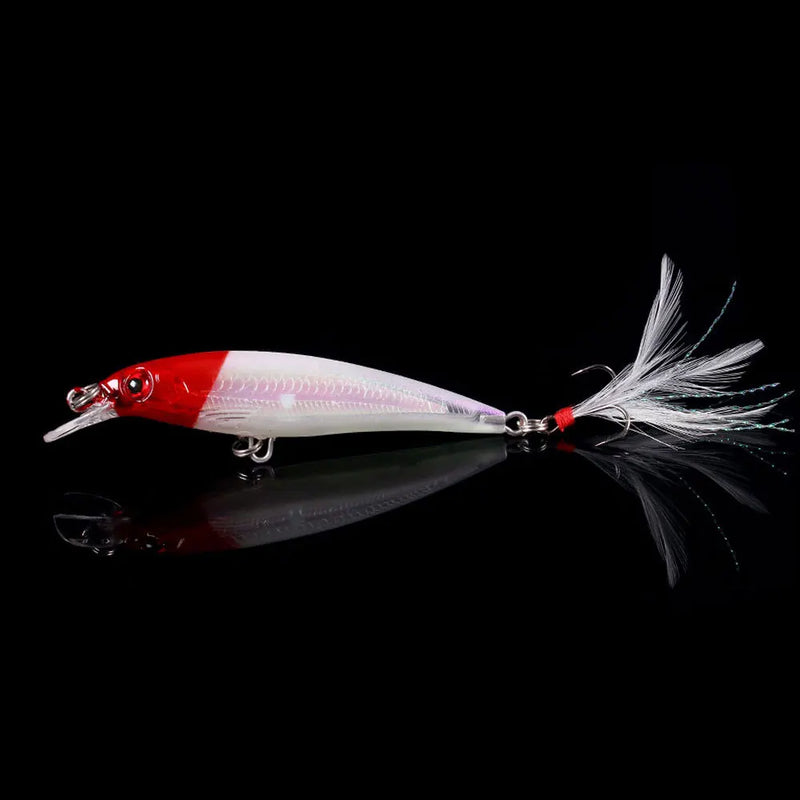 Set de 5 o 10 señuelos duros tipo minnow FFLYBG 9cm/8g, hundimiento, ojos 3D y gancho con pluma