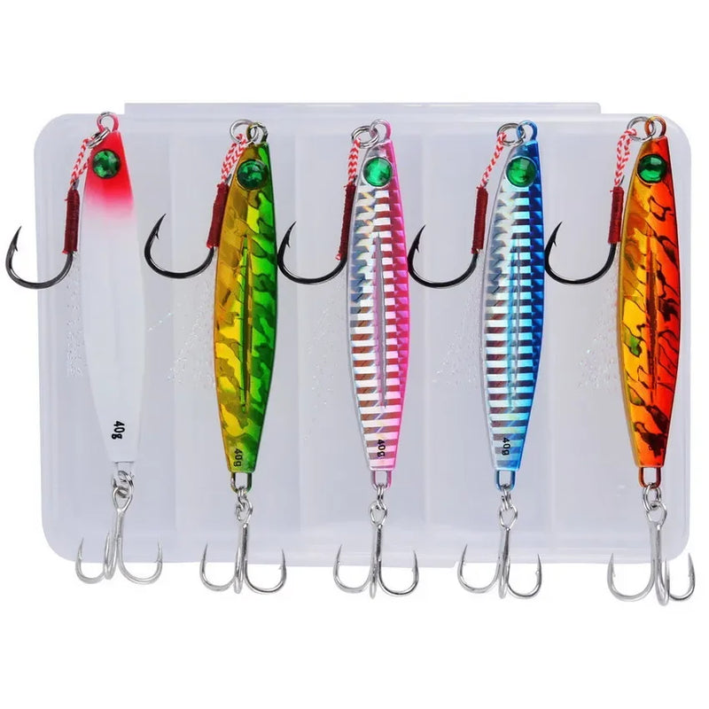 Set de 5 señuelos metálicos tipo jig para pesca en agua salada, 7g a 40g