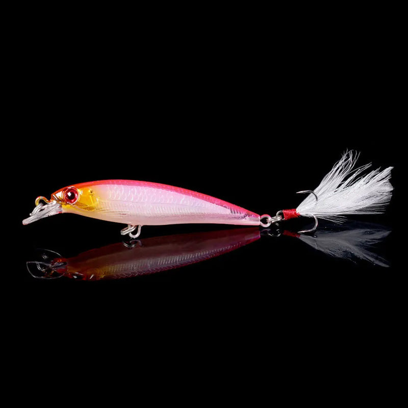 Set de 5 o 10 señuelos duros tipo minnow FFLYBG 9cm/8g, hundimiento, ojos 3D y gancho con pluma