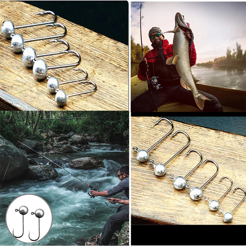 Jig Head ganchos de pesca 10 piezas, 1g a 10g, acero carbono, cabeza redonda