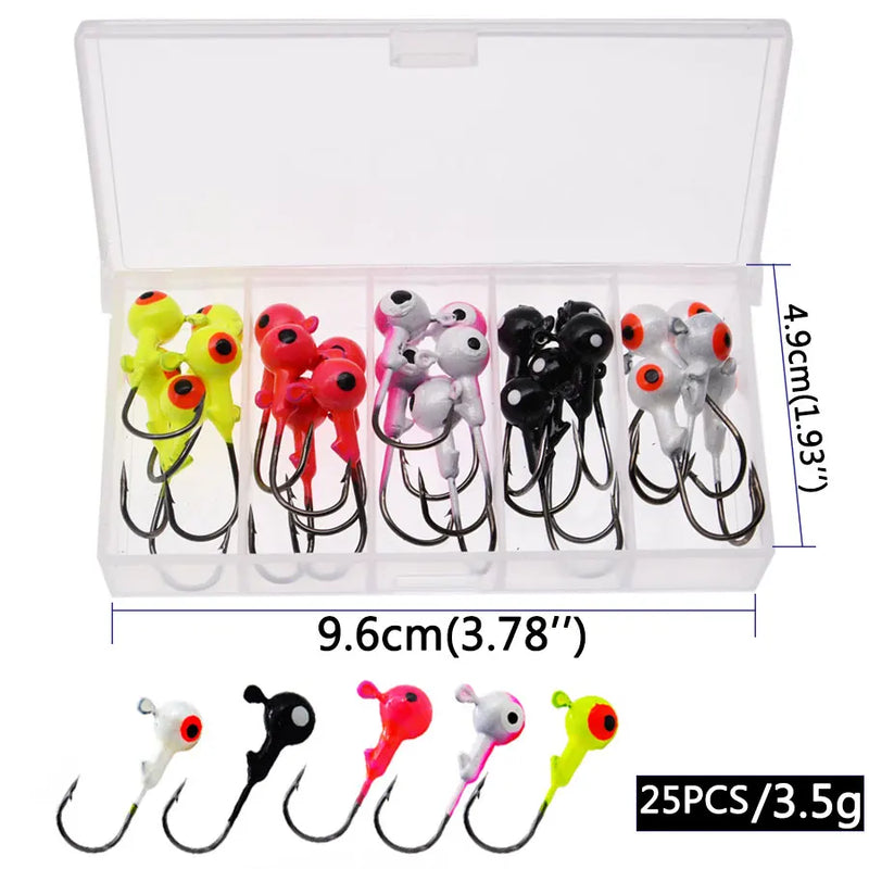 Anzuelos Jig Head JYJ 1g–3.5g con cabeza redonda y colores variados en caja