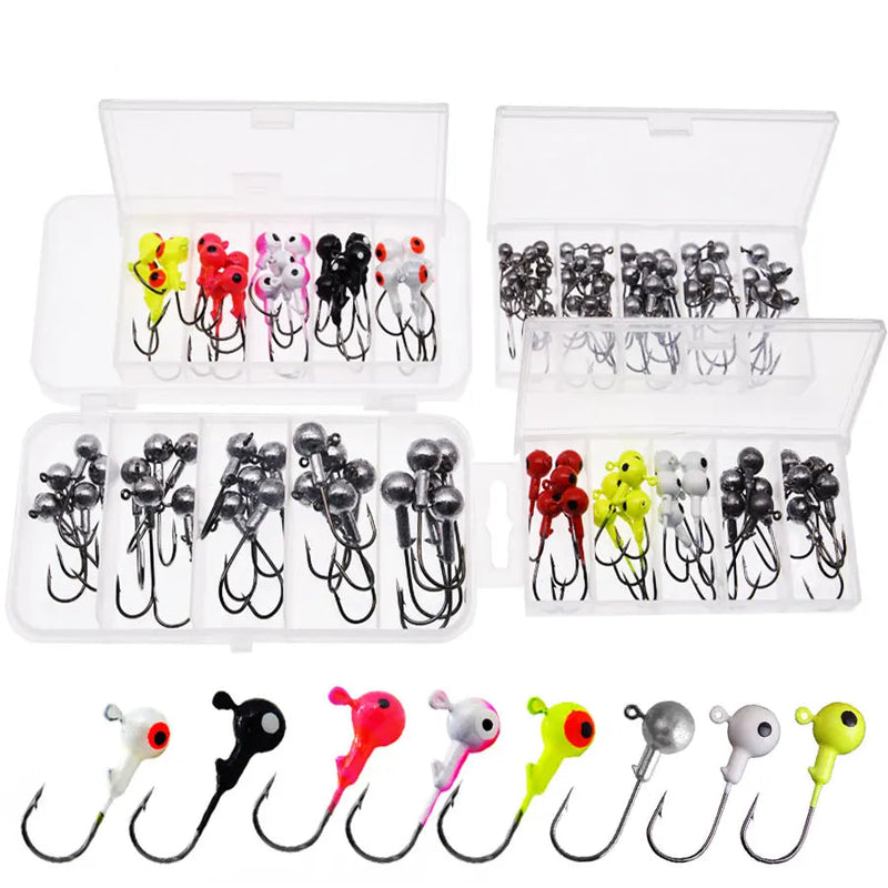 Anzuelos Jig Head JYJ 1g–3.5g con cabeza redonda y colores variados en caja