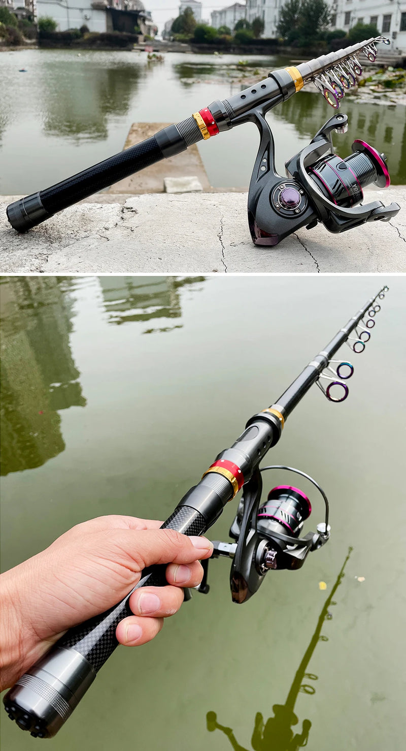 Kit telescópico 1.8-3.6m con carrete, caña de pesca de carbono y aleación, combo portátil